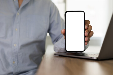 Top view mockup  man sitting and holding blank screen  lifestyle technology and Social media network