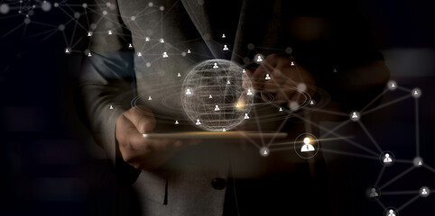 Business global internet connection  Businessman using phone on application technology communication Smart city and IoT (Internet of Things)