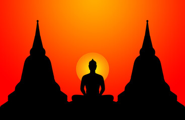 Silhouette of buddha on the sunset background,Thailand