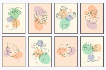Set of Monstera Leaves Tropical Botanical Abstract Illustration Wall Art Poster Line Art Collection
