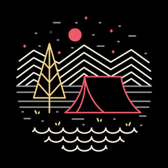 Camping in the nature at night mono line graphic illustration vector art t-shirt design