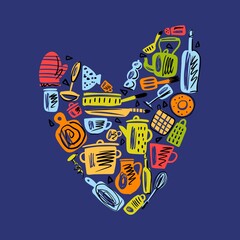 Vector, a collection of Scandinavian-style kitchen utensils, crockery and cutlery, hand-drawn. Heart Shape