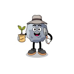 Illustration of stone cartoon holding a plant seed