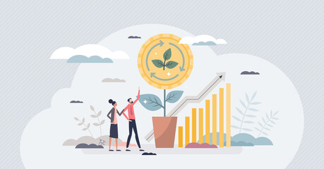 Sustainable investment and nature friendly economy tiny person concept. Successful business growth from environmental stock rise vector illustration. Green eco climate strategy for earnings progress. - obrazy, fototapety, plakaty