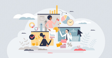 Hybrid work and employee cooperation with distant job tiny person concept. Flexibility and efficiency from productive online business call vector illustration. Working from home with split screen. - obrazy, fototapety, plakaty