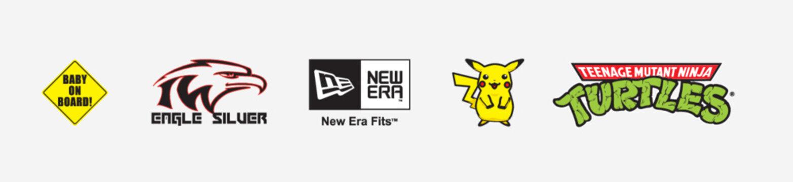 Arts and design logo bundle: Turtles logo, Pokemon logo, NEW ERA omar DeC.PA logo, Baby on Board logo, EAGLE SILVER logo, Arts and design logo vector illustration. Isolated vector logo.
