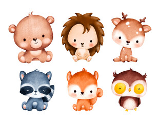 Watercolor set of Cute Baby Animals Illustration 