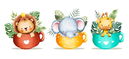 Watercolor set of cute baby safari animals and tropical leaves in cup  © Stella