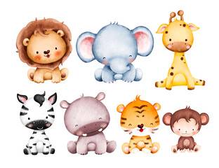 Watercolor set of Cute Baby Safari Animals Illustration  - obrazy, fototapety, plakaty
