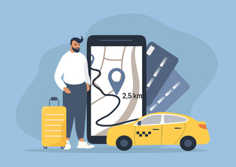vector illustration in a flat style on the theme of ordering a taxi. taxi car, a man with a suitcase, a smartphone with a route © Viktoria
