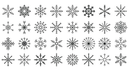 set of snowflakes with black outline on white background