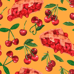 Cherry pie Seamless Pattern. Watercolor illustration. Isolated on a yellow background. For design.