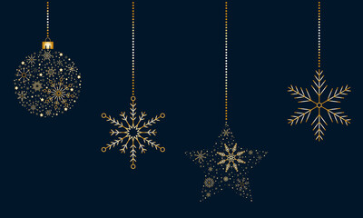 Christmas ornaments of gold color from snowflakes on a blue background

