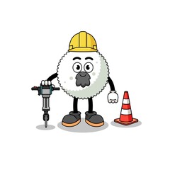 Character cartoon of rice ball working on road construction