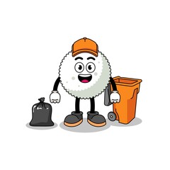 Illustration of rice ball cartoon as a garbage collector