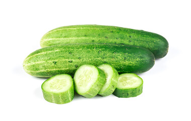 Cucumber and slices isolated over white background