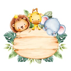 Watercolor Illustration Cute Baby Animal Frame template  © Stella