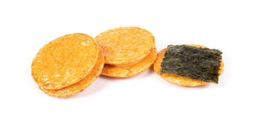 Japanese rice crackers on white background