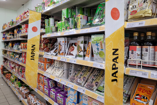 PENANG, MALAYSIA - 12 APR 2022: Interior view of various imported foods and products from Japan in Sunshine Grocery store, Penang. Selective focus image.