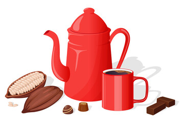 A coffee pot, a cup of black coffee and chocolate products.Vector illustration isolated on a white background background.