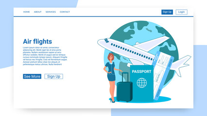 Air flights.A flight attendant with a passport and a ticket in her hands offers to go on a flight and travel against the background of a flying plane and the globe.The concept of air travel.Vector ill