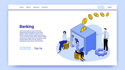 Banking.People are engaged in banking operations, payments and money transfers.An illustration in the style of the landing page is blue.