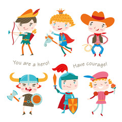 Set of boys wearing costumes isolated on a white background.