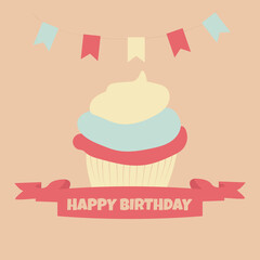 cute happy birthday card with cupcake. vector illustration