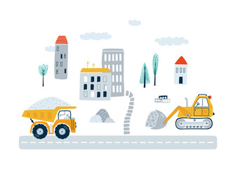 Banner with cute construction vehicle and city in flat style. Illustration yellow dump truck and bulldozer for kids. Vector