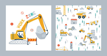 Set seamless patterns and print construction vehicles. Illustrations with yellow dump truck, crane and bulldozer for kid. Vector