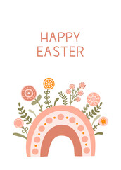 Poster template with colorful rainbow and flowers in gentle pastel colors for easter. Illustration rainbow in flat style with space for your text. Vector