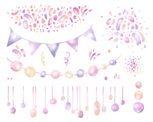 Watercolor hand drawn set with illustration of colorful pink, purple, yellow baby garlands, confetti, flags, doodles isolated on white background. Colorful elements for birthday party