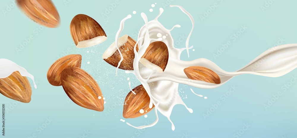 Aufkleber milk liquid splashing with almonds seed tropical fruits on solid color background. vector in 3d illu