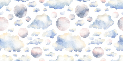 Watercolor hand drawn seamless pattern with delicate beautiful illustration of blue clouds, gradient planets moon isolated on white background. Cloudy cloudscape. Different types of cumulus clouds