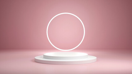 3D rendering of white podium with pink background. Beautiful minimal scene for products display. Circle pink stage with with pink wall. 3d stage on pedestal display pink studio.