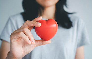Woman hands holding a red heart, heart health insurance, health care. - obrazy, fototapety, plakaty