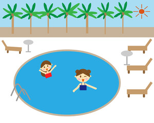 リゾートホテルのプールで遊ぶ女性のイラスト・南国・旅行・沖縄・風景・海外旅行・国内旅行