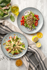 Overhead view of food on light grey concrete background