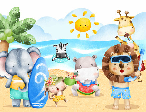 Safari animals playing and swimming in summer beach 