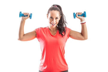 Woman working oyt with hand weights holding them up to exercise shoulders