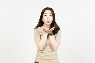 Blowing Kiss to Camera Of Beautiful Asian Woman Isolated On White Background