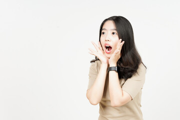Shouting out loud with hands over mouth Of Beautiful Asian Woman Isolated On White Background