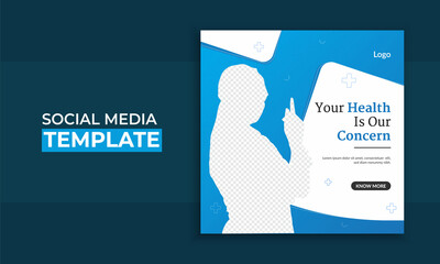 Unique medical healthcare service social media post template blue color