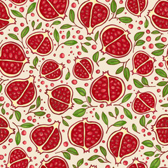 Vector pomegranates with leaves and seeds on a neutral background. Seamless pattern in red and green colors. Fruit and botanical illustrations for print, textile and packaging design.