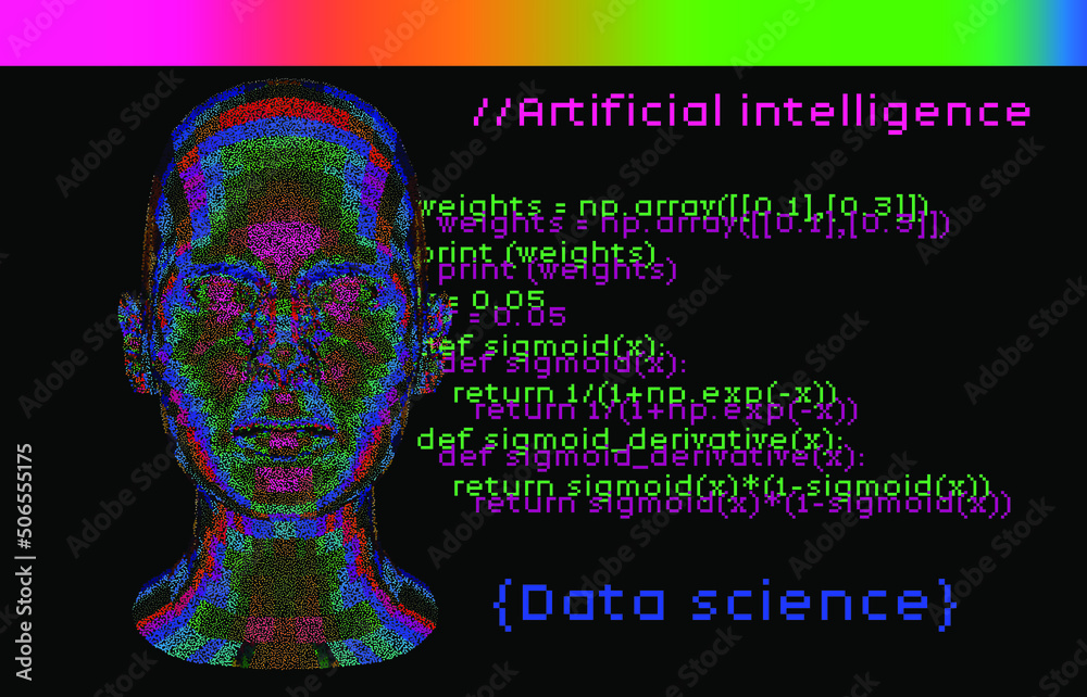 Aufkleber 3D human head made of colorful particles on the dark background with random pseudocode of a neural network algorithm.