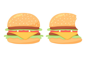 Juicy burger. Delicious hamburger with tomato. Vector illustration in cartoon style. A whole and bitten burger.