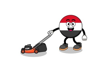 yemen flag illustration cartoon holding lawn mower
