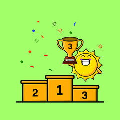 Cute cartoon sun as the third winner with happy expression in 3d modern style design