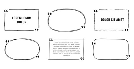 Quote box sketch, text frame set. Hand drawn doodle style quote box, text border with square, bubble, round shape. Vector illustration.