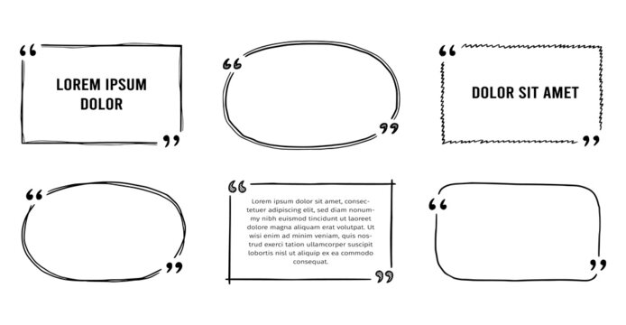 Quote box sketch, text frame set. Hand drawn doodle style quote box, text border with square, bubble, round shape. Vector illustration.